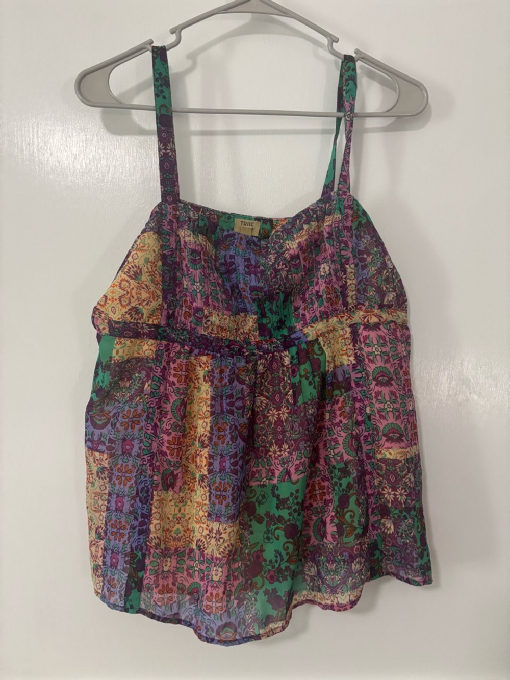 Printed Patchwork Spaghetti Strap Women's Top - Multicolor True Craft L